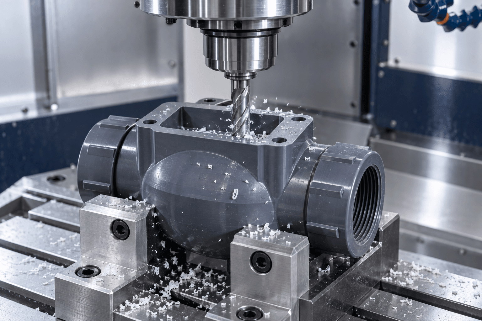 CNC-Fräsen eines starren PVC-Ventilkörpers mit kontrollierter Werkstückhaltung