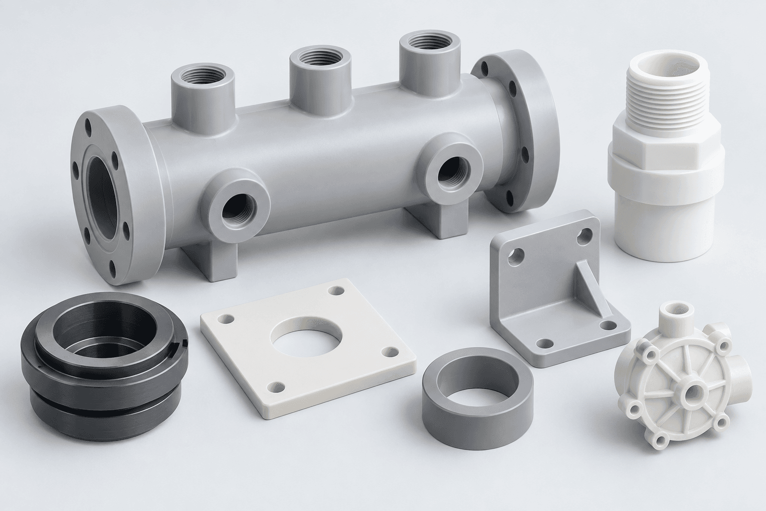 Repräsentativ bearbeitete PVC-Verteiler, Armaturen, Halterungen und Isolatoren