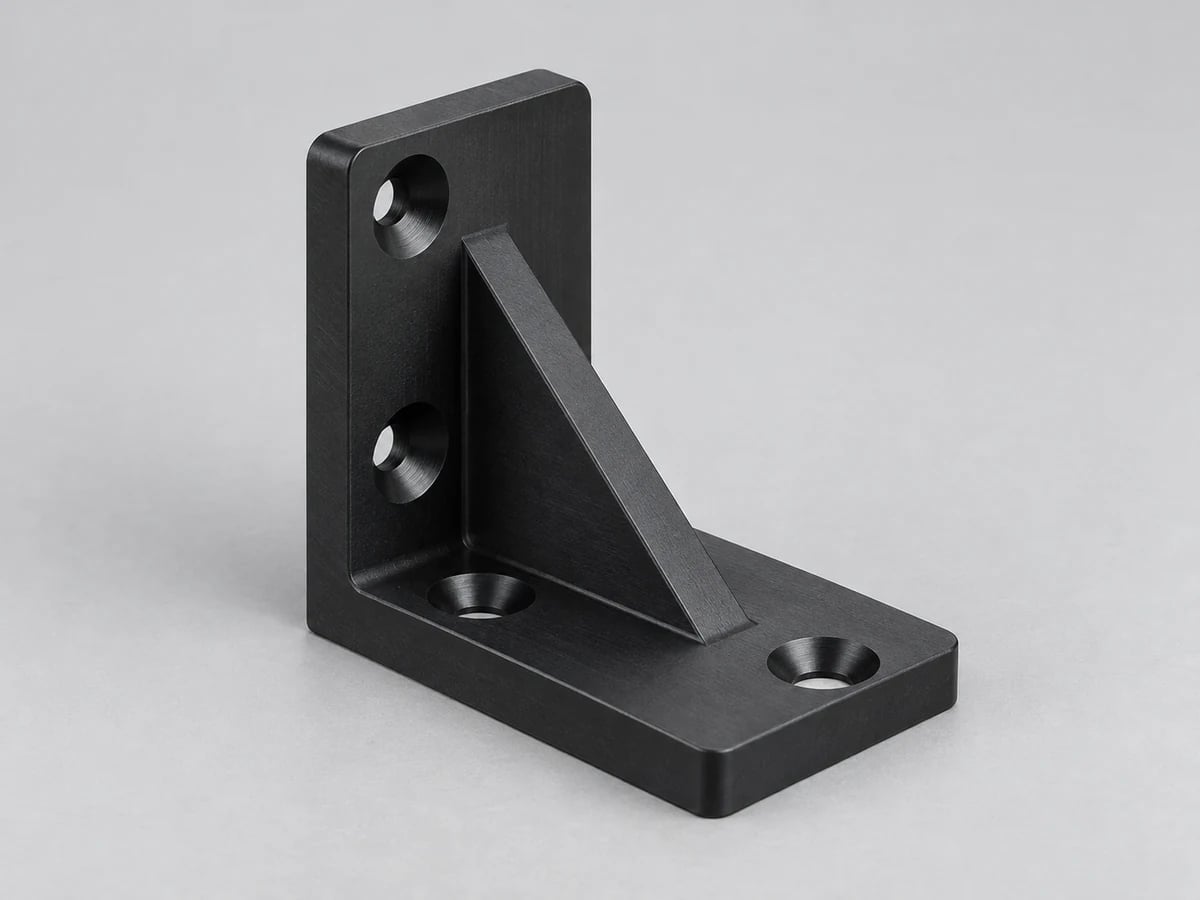 KI-generierte Illustration einer eckigen L-förmigen Montagehalterung aus schwarzem Acetal mit dreieckigem Verstärkungssteg und versenkten Montagelöchern auf senkrechten Flächen