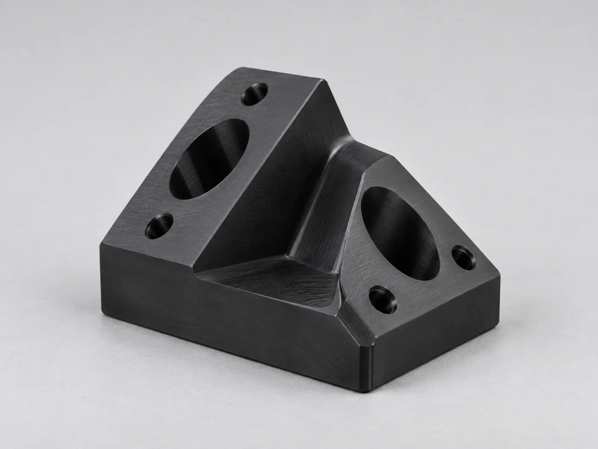 KI-generierte Darstellung einer keilförmigen Komponente aus schwarzem Acetal mit zwei zusammengesetzten Montageflächen und schrägen Bohrungen