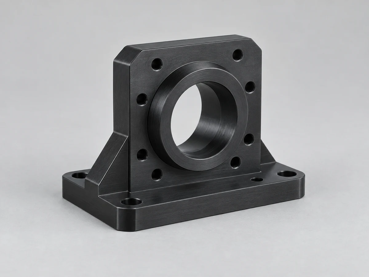 KI-generierte Darstellung einer Präzisionsmontagekomponente aus schwarzem Acetal mit zwei orthogonalen Montageflächen, einer großen zentralen Bohrung und einem regelmäßigen Muster kleiner Ausrichtungslöcher