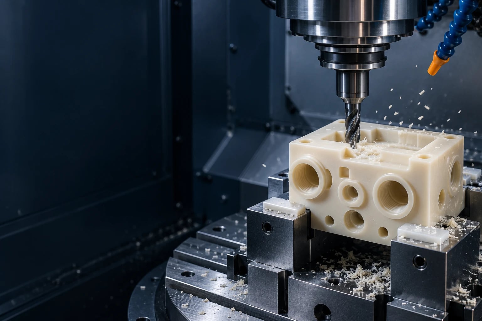 Illustration of a CNC end mill machining an engineering-plastic manifold in supported workholding