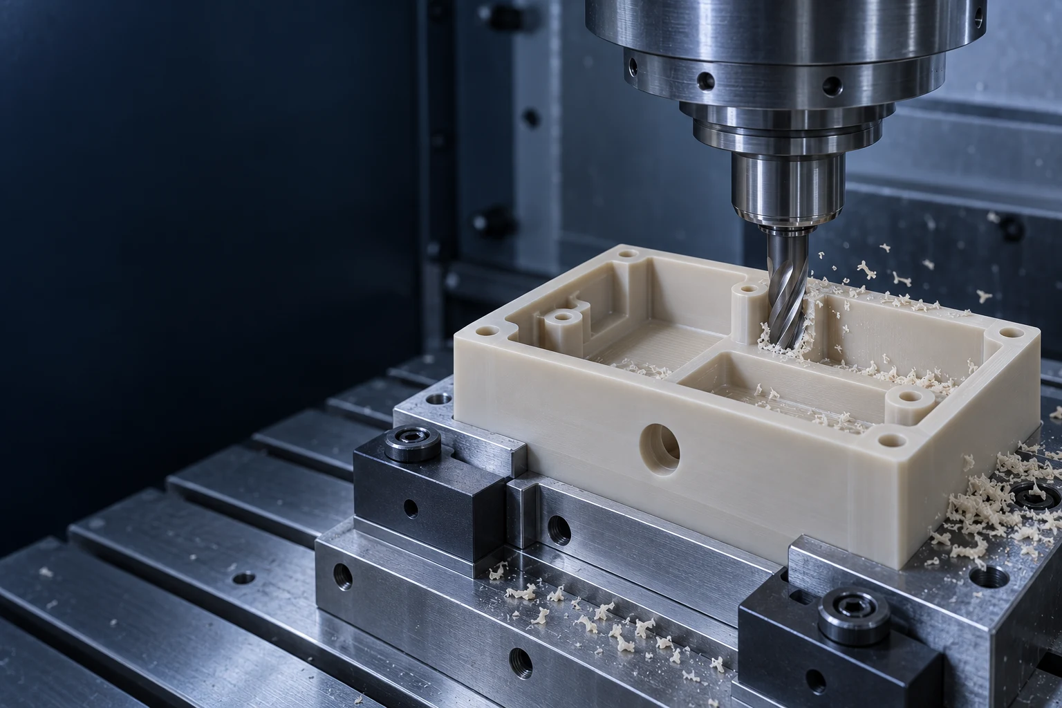 Illustration of a CNC end mill cutting pockets in a supported PEEK plastic housing