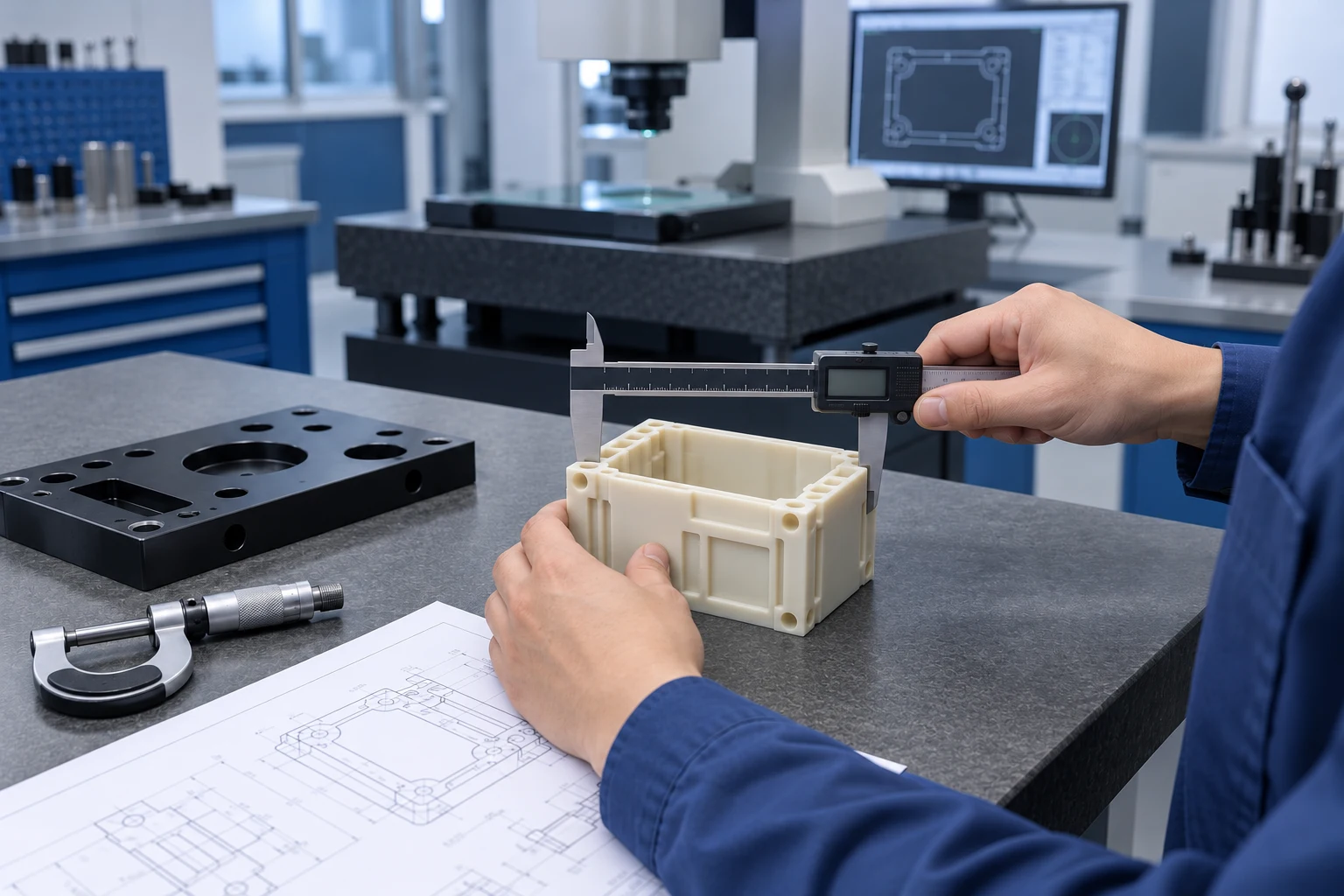 Illustrative external-width measurement of a CNC milled plastic housing