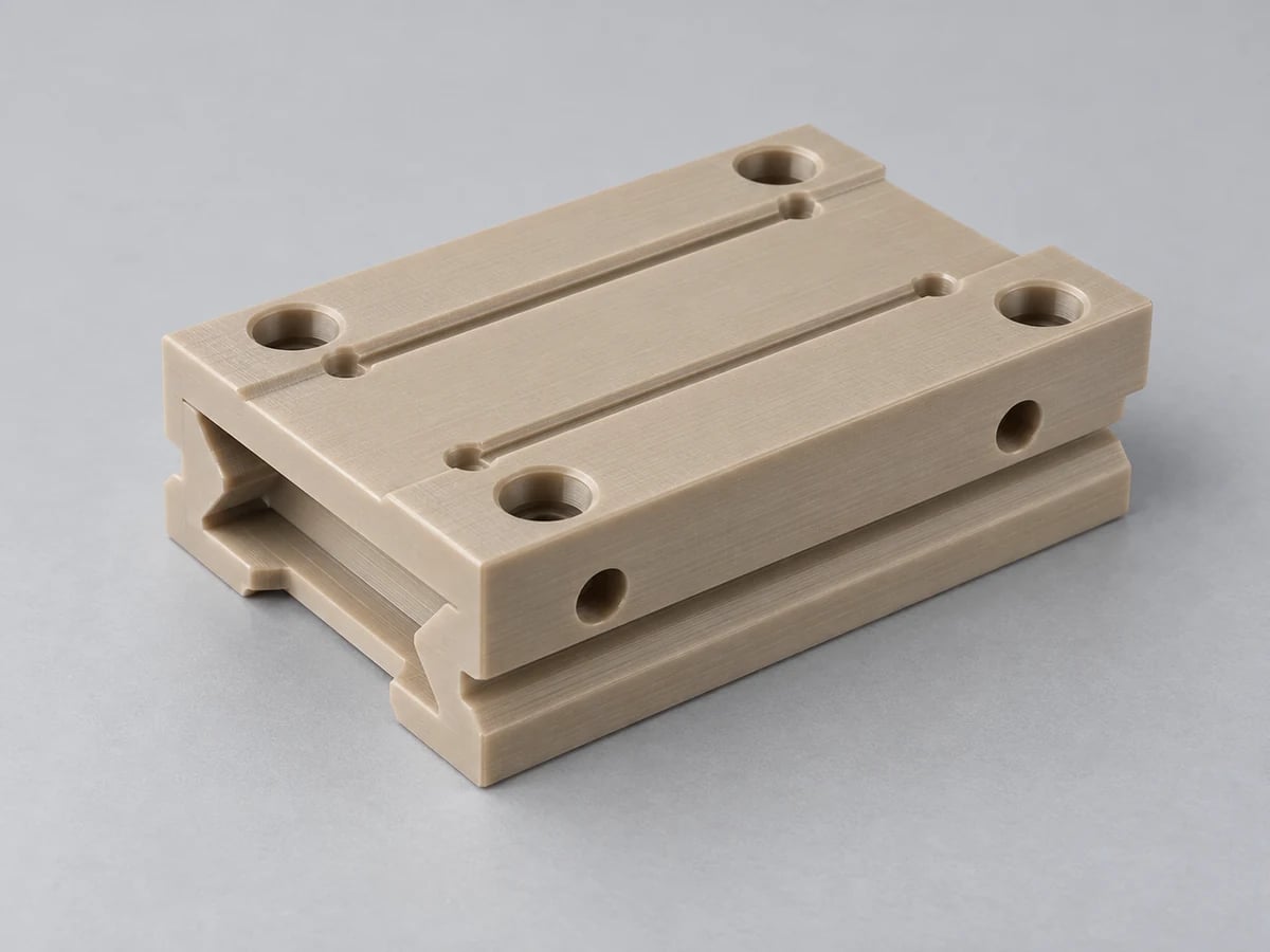 Illustration générée par l'IA d'un bloc de chariot de machine coulissant rectangulaire en PEEK beige, de rainures en queue d'aronde fraisées parallèlement, d'alésages de montage et de canaux de lubrification peu profonds