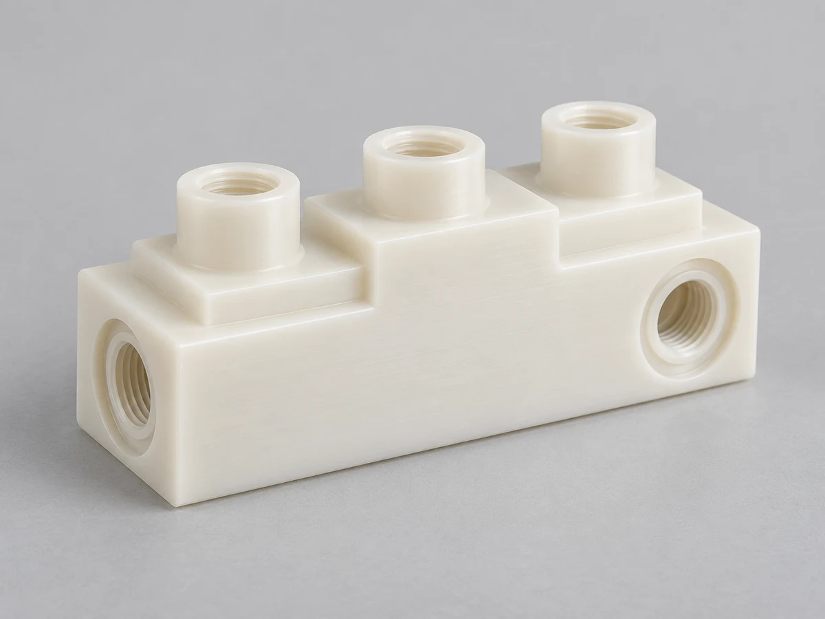 Illustration générée par l'IA d'un collecteur de fluide étagé compact en PVDF ivoire naturel, trois orifices filetés cylindriques le long de sa partie supérieure et deux orifices latéraux avec des zones d'étanchéité encastrées