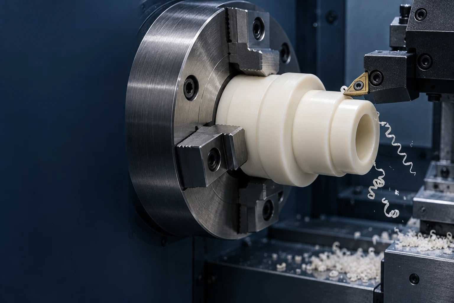 Abbildung einer horizontalen CNC-Drehmaschine, die eine Buchse aus technischem Kunststoff dreht