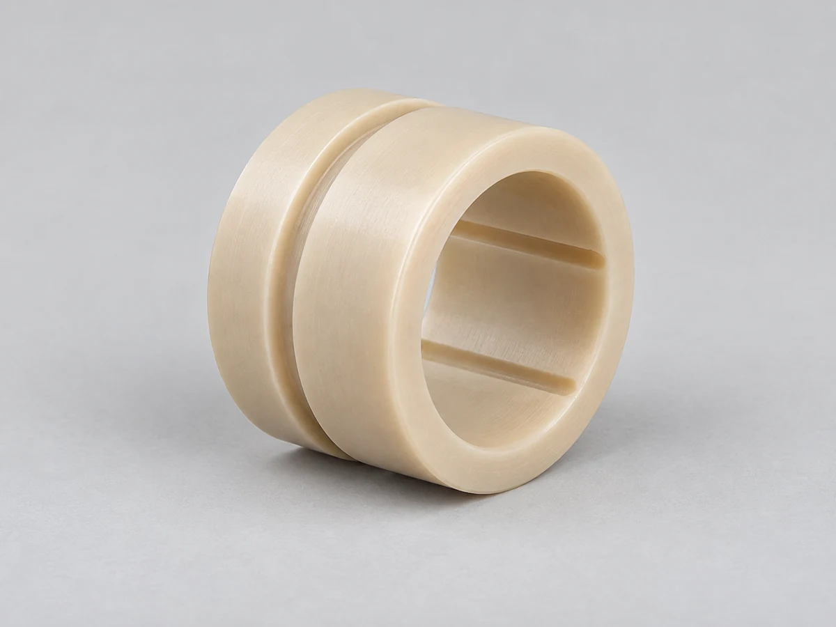 KI-generierte Illustration eines beigefarbenen Gleitlagers aus Polymer mit Schmiernuten