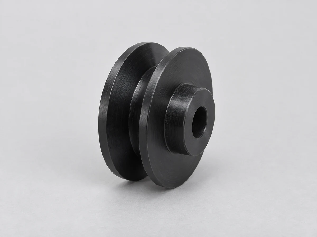 KI-generierte Illustration einer Keilriemenscheibe aus schwarzem Acetal mit erhöhter Nabe