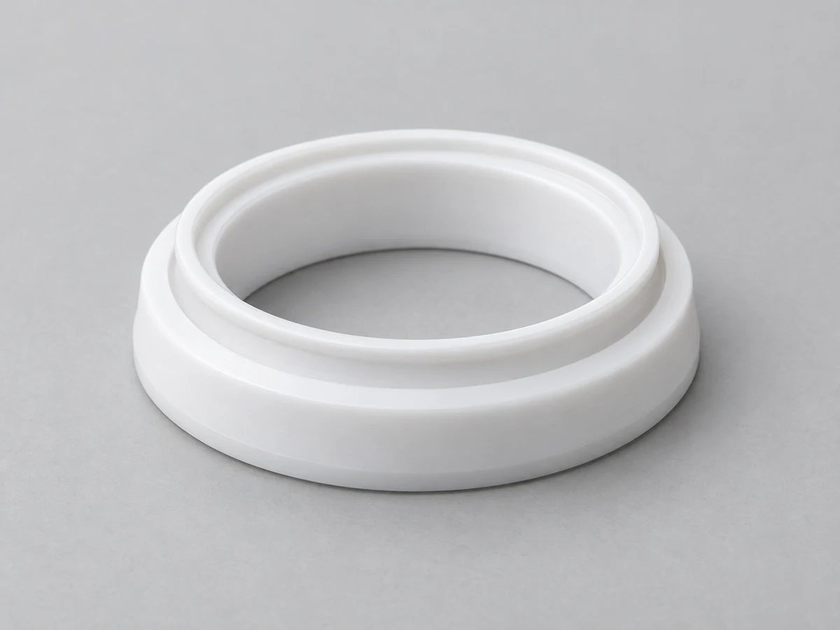 KI-generierte Darstellung eines weißen PTFE-Dichtungsrings mit ringförmiger Lippe und Stirnrille