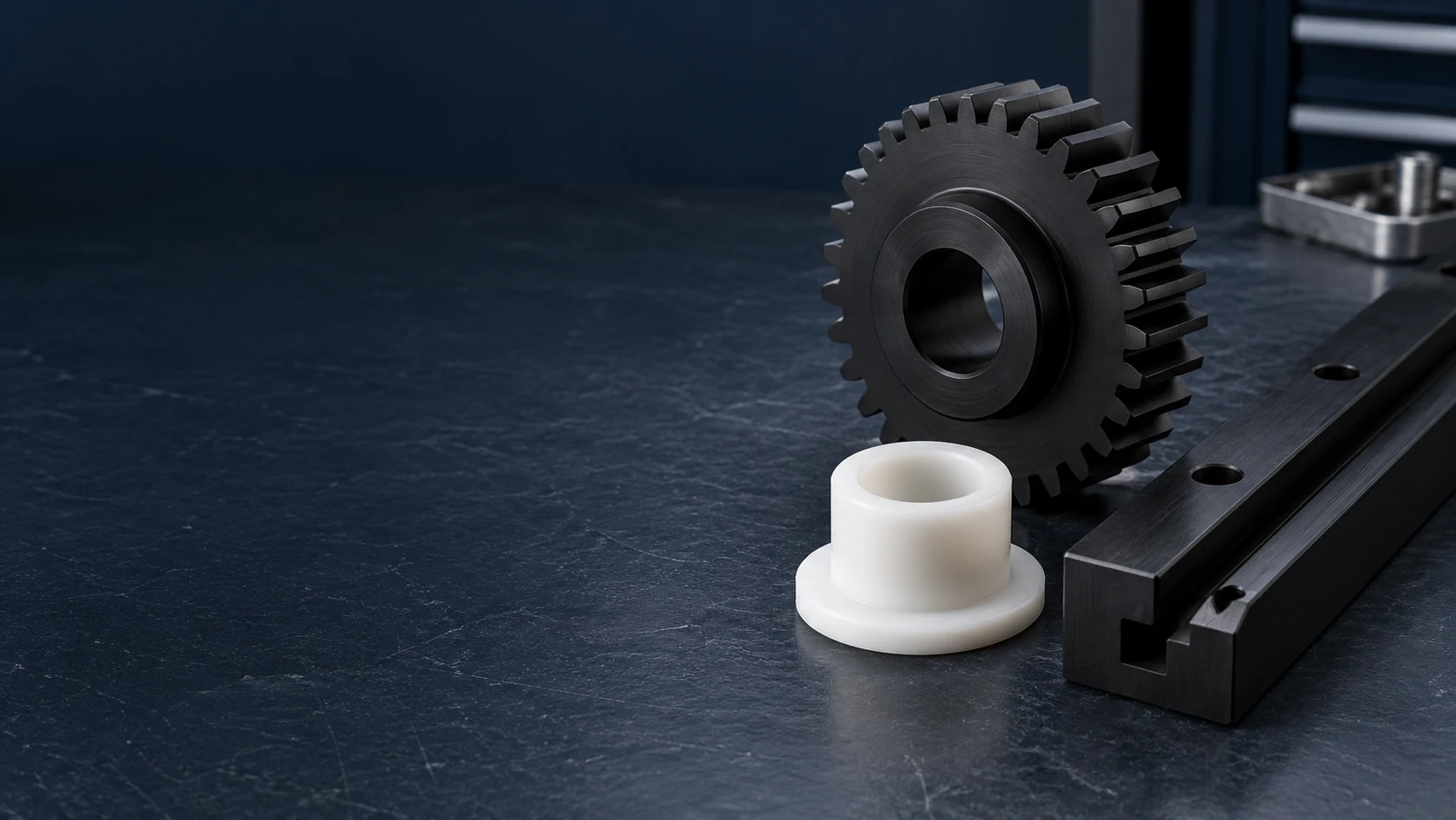 Illustrative custom CNC machined black and white acetal components