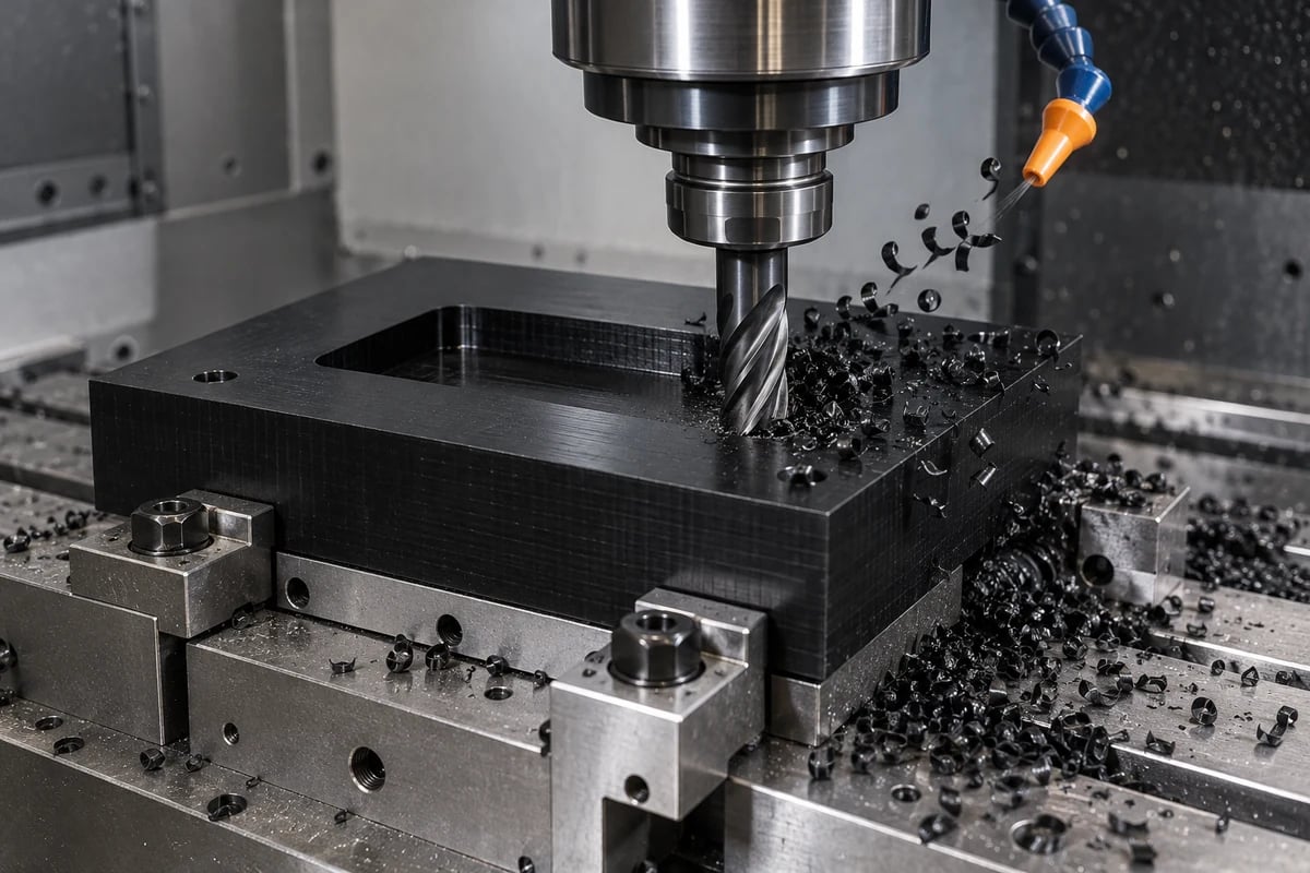 Illustrative CNC milling of a black acetal fixture plate