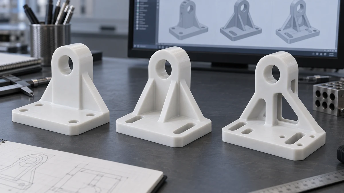 Illustrative successive revisions of a CNC machined plastic prototype bracket