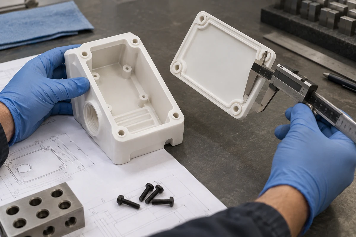 Illustrative fit and assembly check of a machined plastic prototype housing