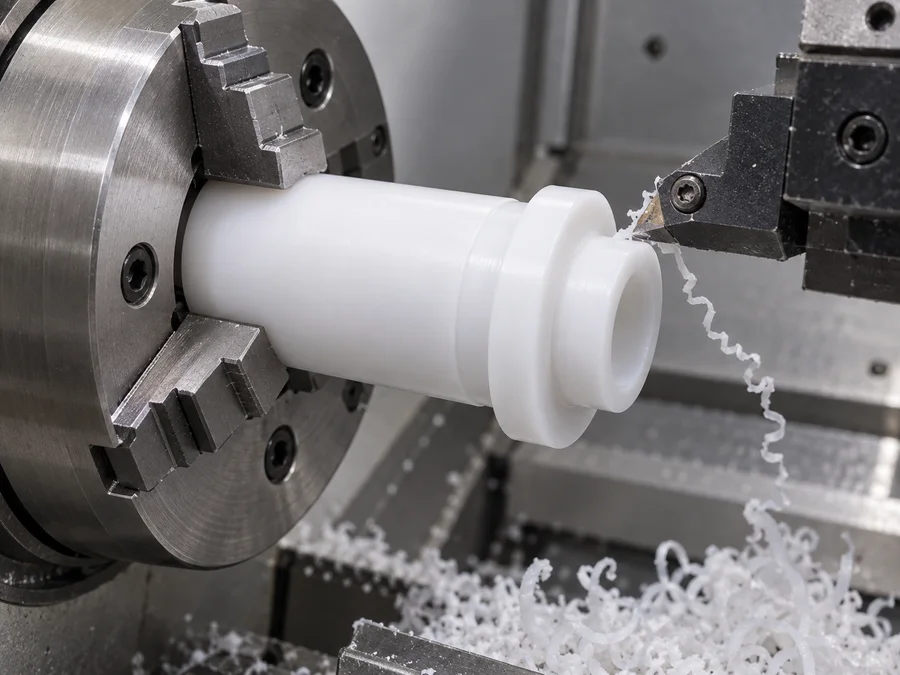 KI-generierte Illustration des CNC-Drehens einer unterstützten weißen PTFE-Hülse für Teflon-Bearbeitungsanforderungen