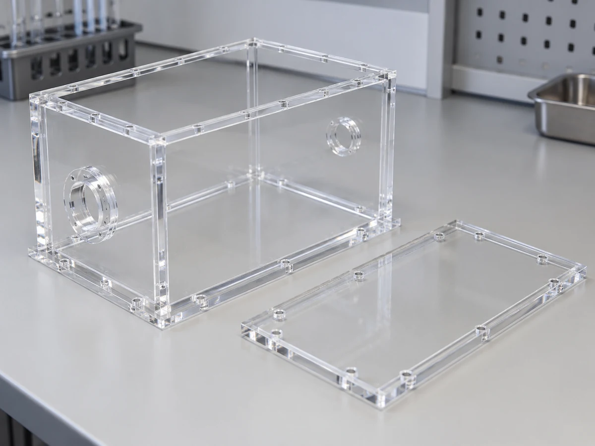 Illustrative bonded acrylic observation chamber with separate clear lid and visible joint interfaces