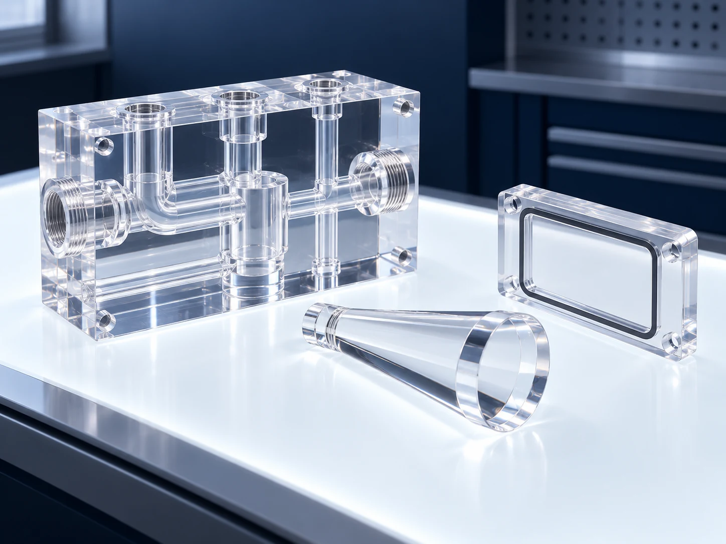 Illustrative polished acrylic manifold, light guide and clear viewing window