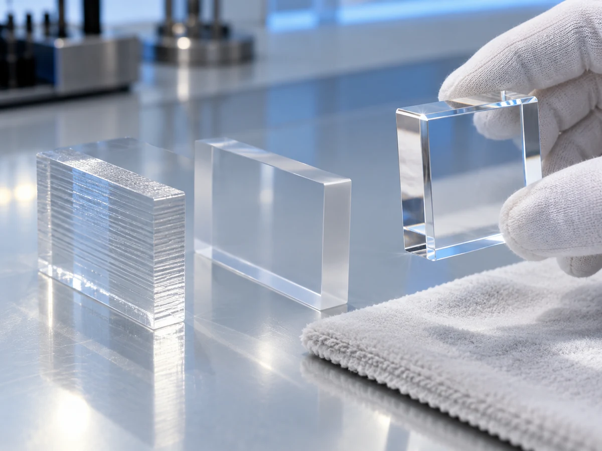 Illustrative PMMA samples comparing machined surfaces and polished clear edges