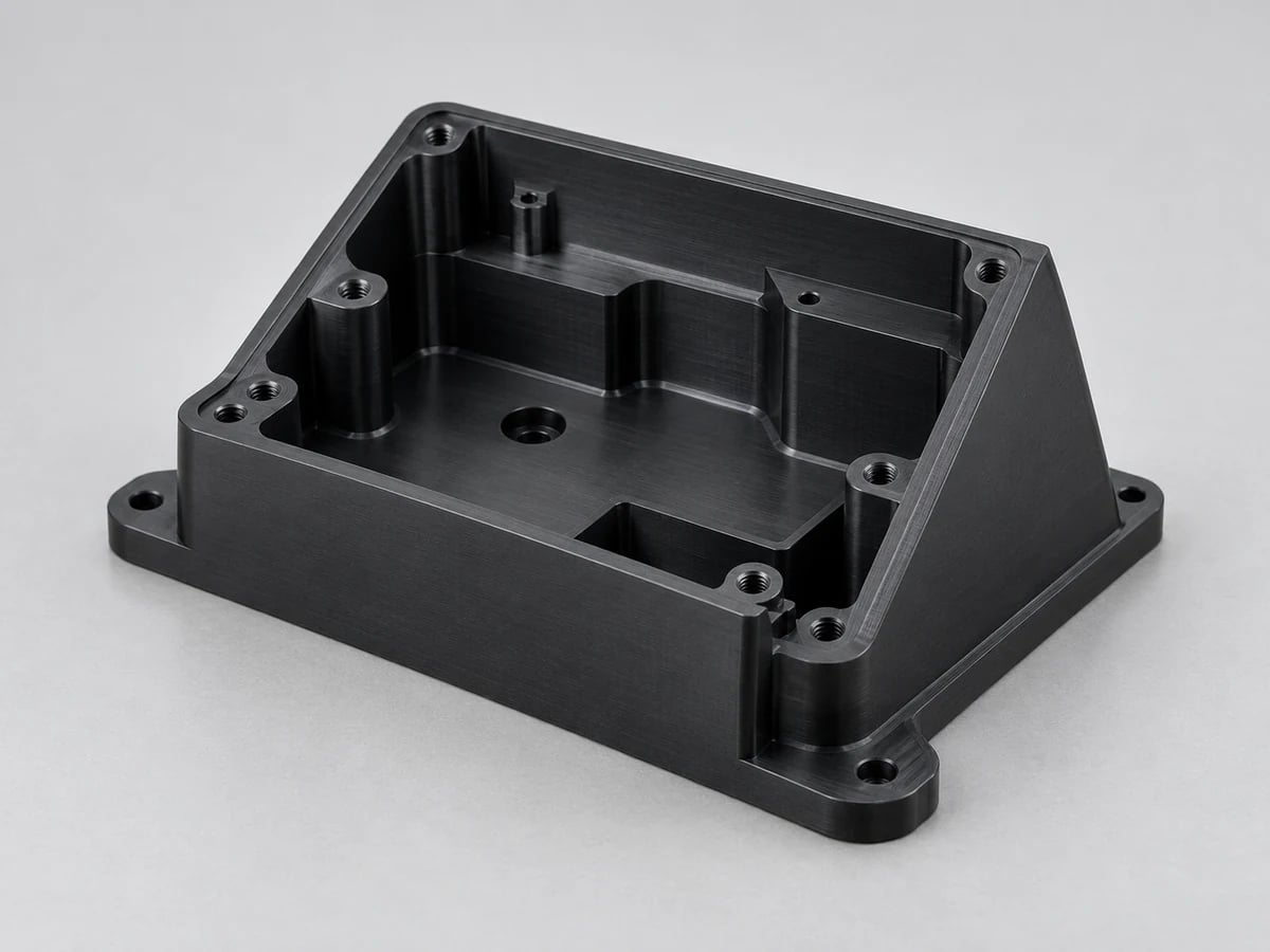 KI-generierte Illustration eines offenen Instrumentengehäuses aus schwarzem Acetal mit tiefen Innentaschen, abgewinkelter Seitenwand, Montageflansch und Gewindebohrungen