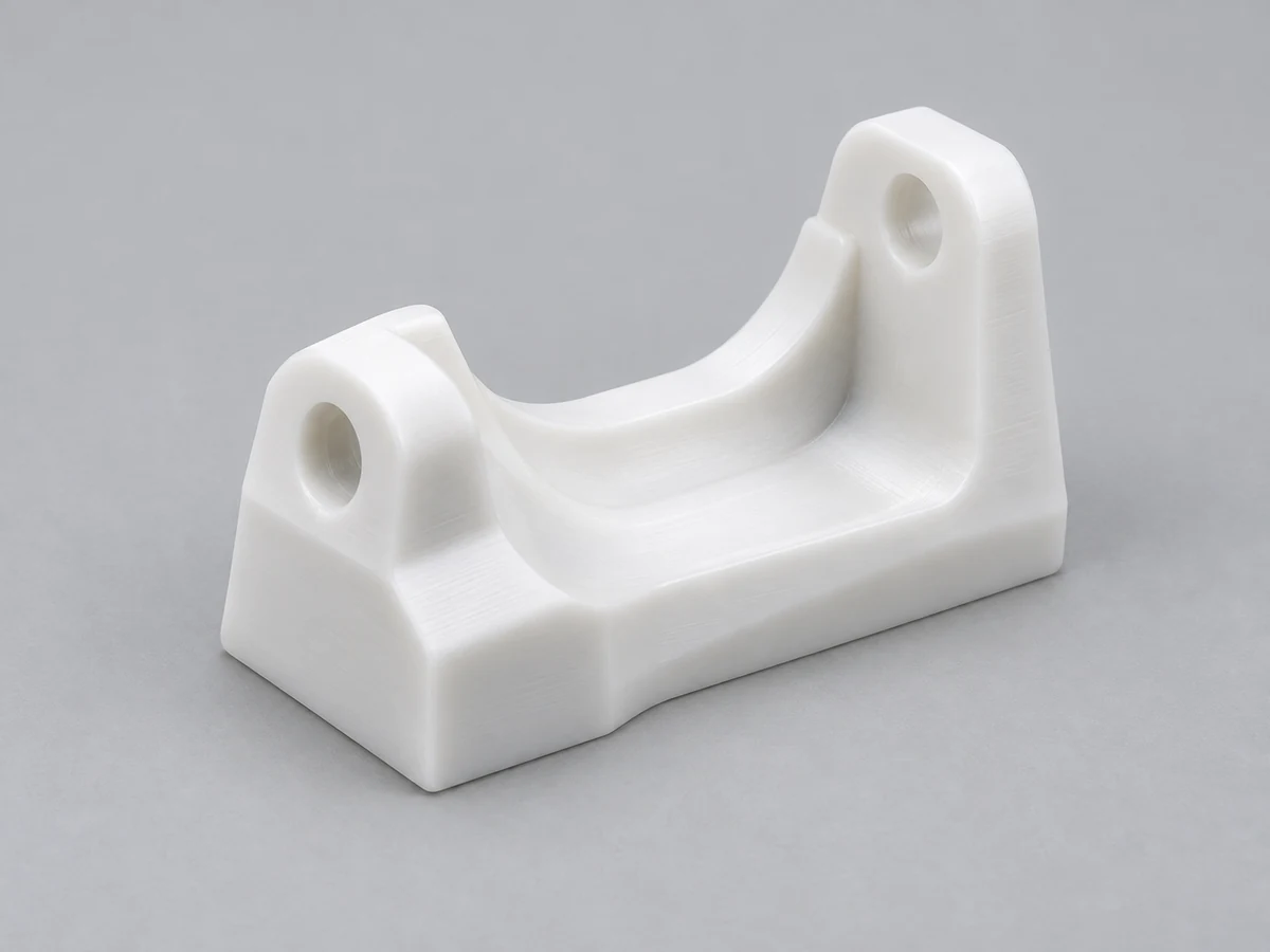 KI-generierte Illustration einer Laborinstrumentenkomponente aus weißem technischem Polymer, einer asymmetrisch konturierten Halterung mit zwei präzisen Montagebohrungen und einem bearbeiteten gebogenen Kanal