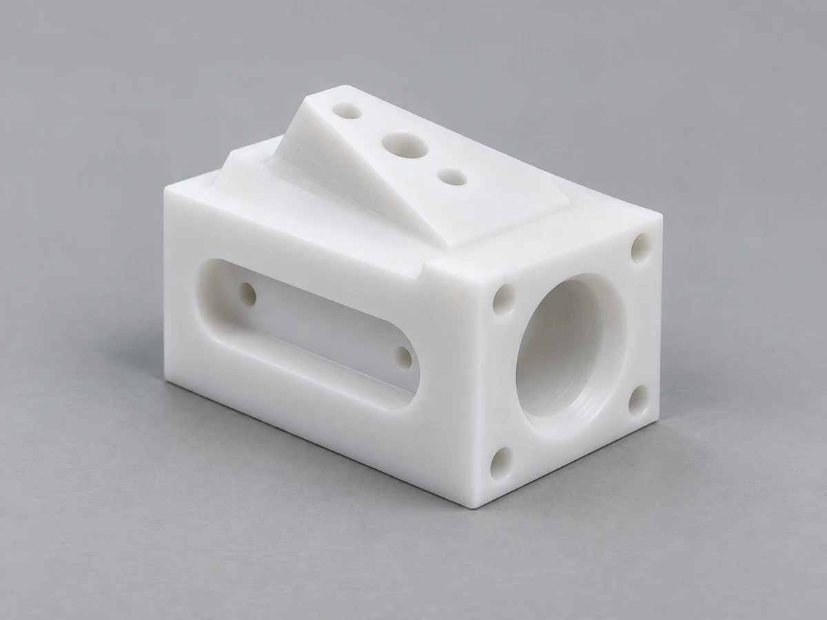 KI-generierte Illustration eines weißen rechteckigen Bearbeitungsblocks aus Acetal mit einer runden Bohrung auf einer Seite, einer länglichen Tasche auf der anderen und einer geneigten Montagefläche oben