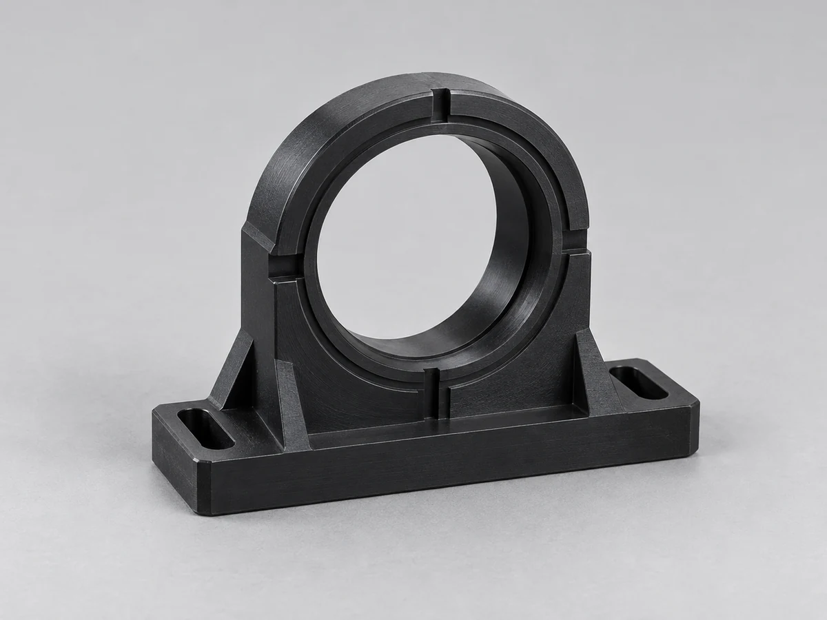 KI-generierte Illustration einer optischen Instrumentenlinsenhalterung aus schwarzem Acetal mit großer kreisförmiger Apertur, rechteckiger Basis, Ausrichtungsnuten und geschlitzten Befestigungslöchern, ohne Glas