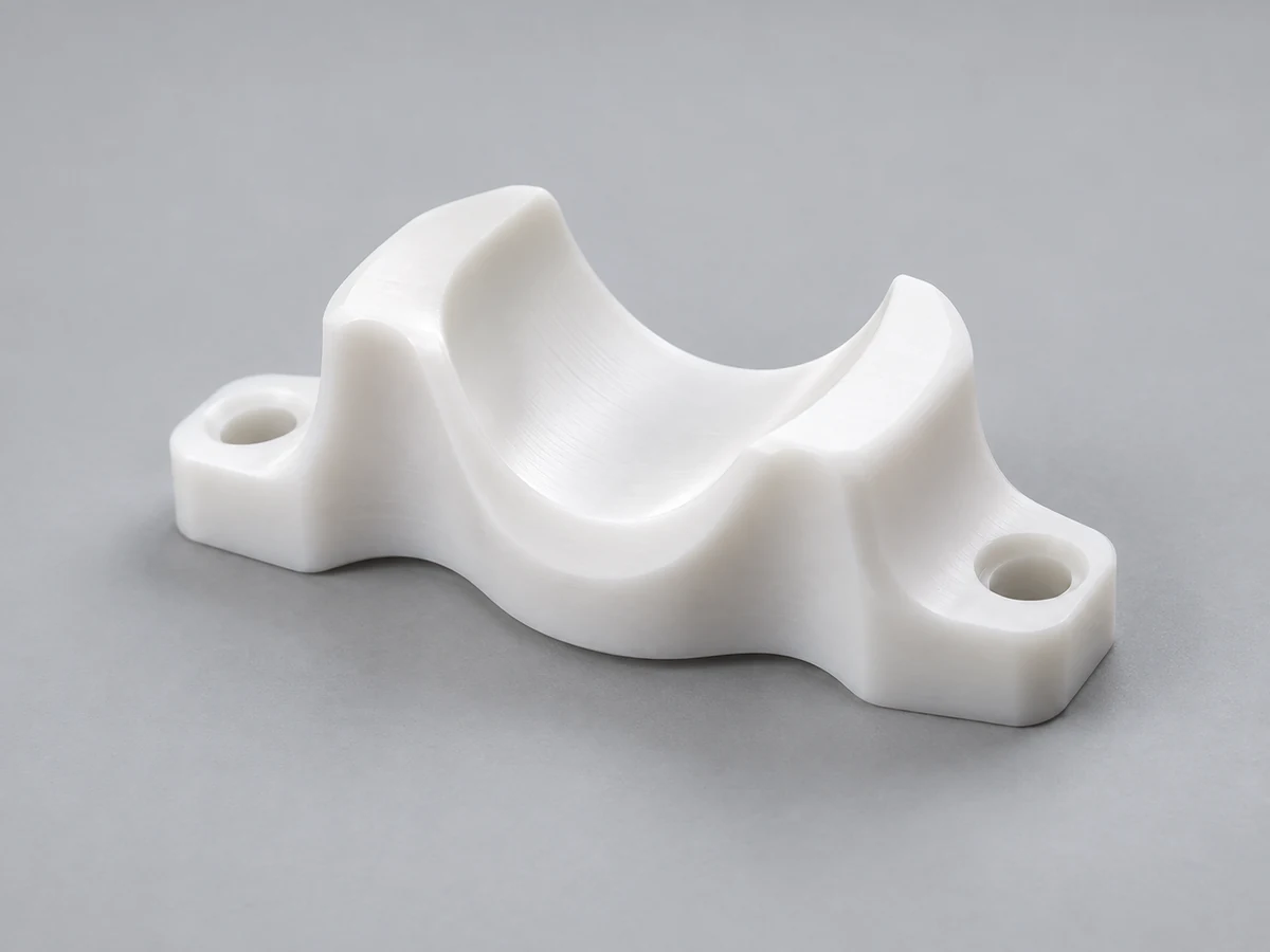 KI-generierte Illustration einer aus weißem Acetal geformten sattelförmigen Komponente mit sanft wechselnden konkaven und konvex gekrümmten Oberflächen und zwei Montagelaschen