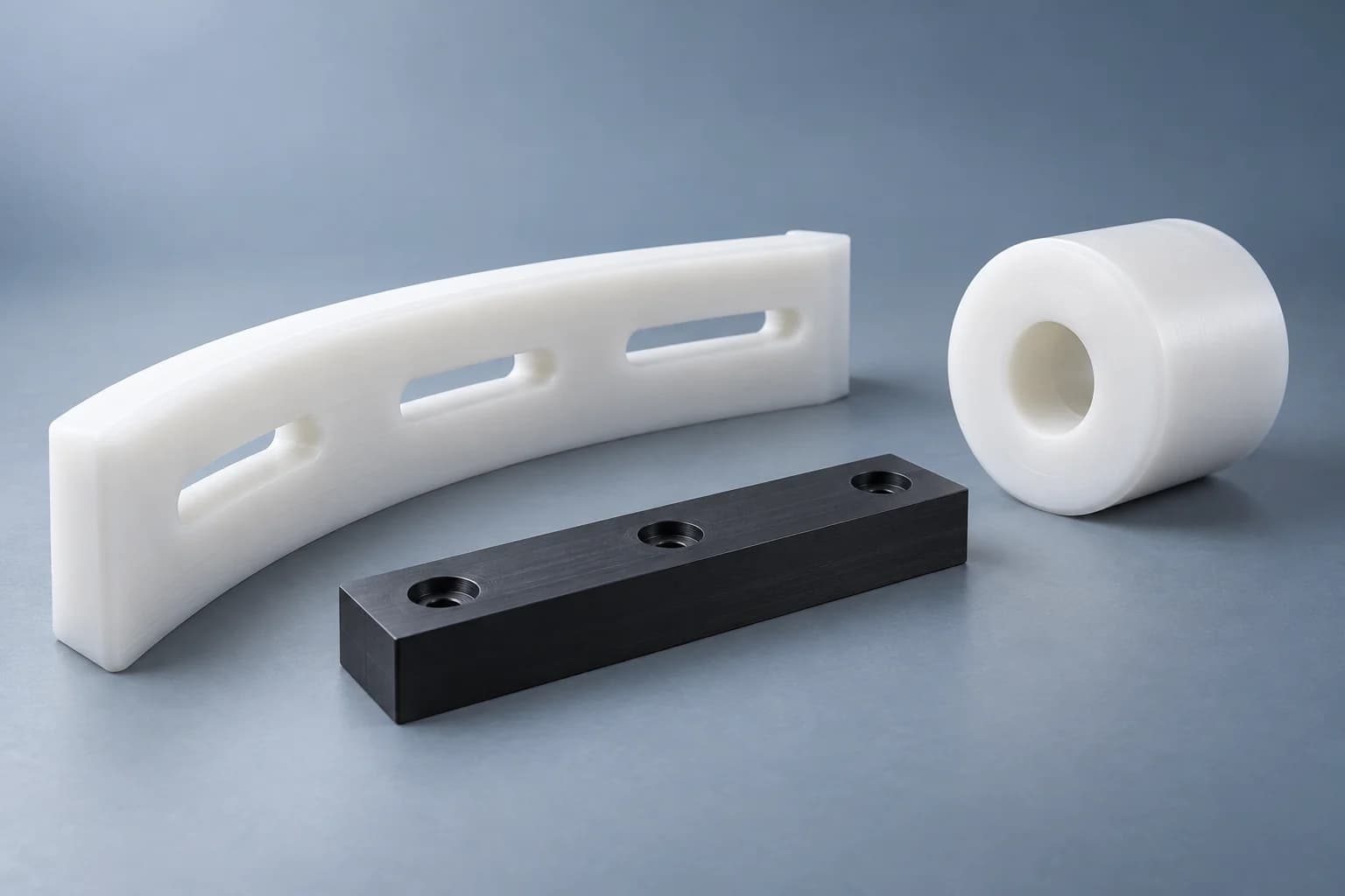 Composants HDPE usinés naturels et noirs distincts, y compris le guide, le rouleau et la doublure