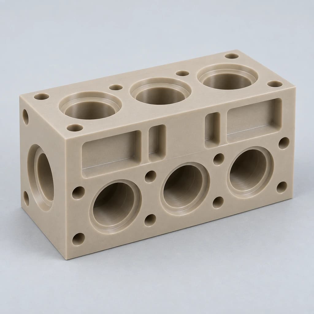 Plastic manifold with several machined bores