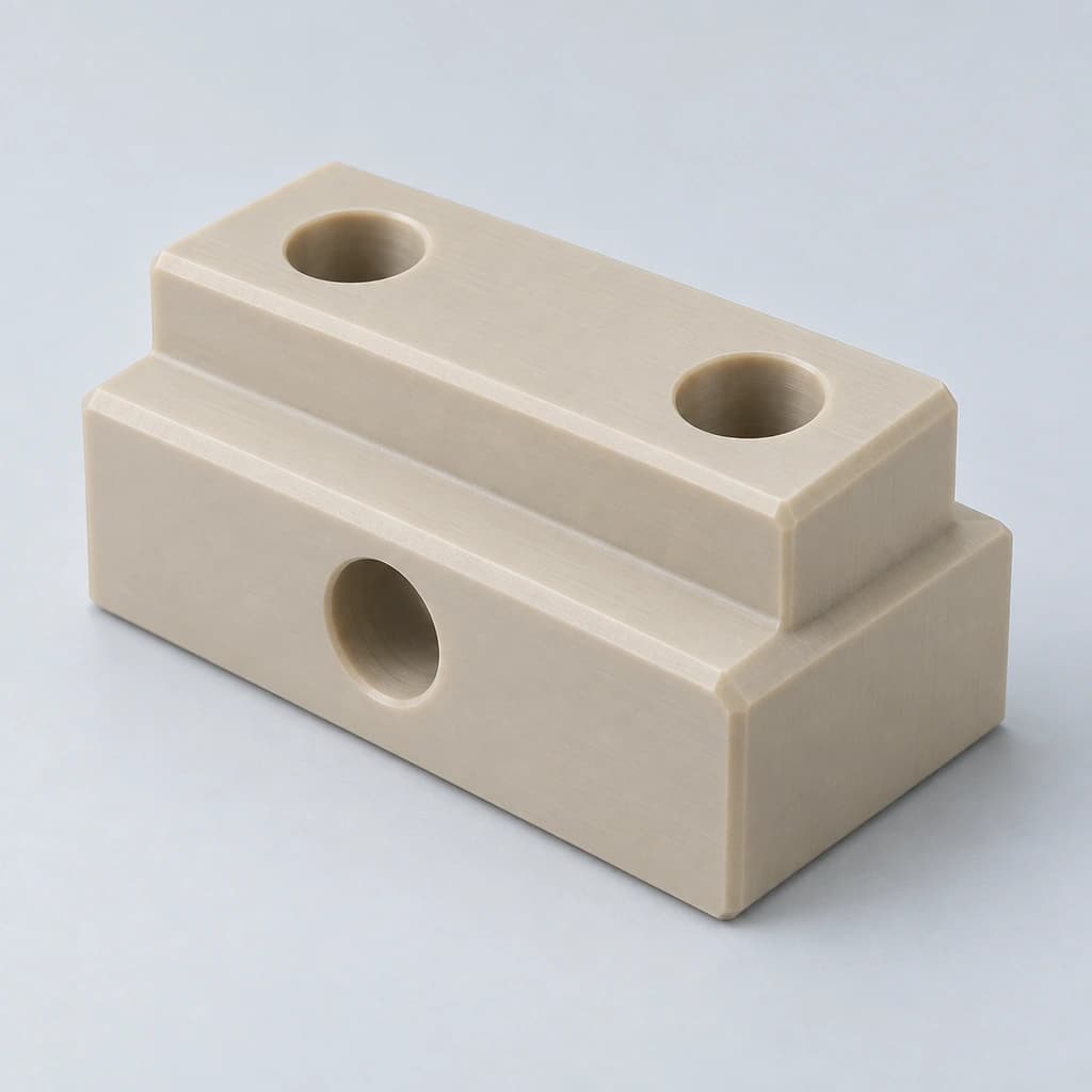 Beige machined plastic component with holes