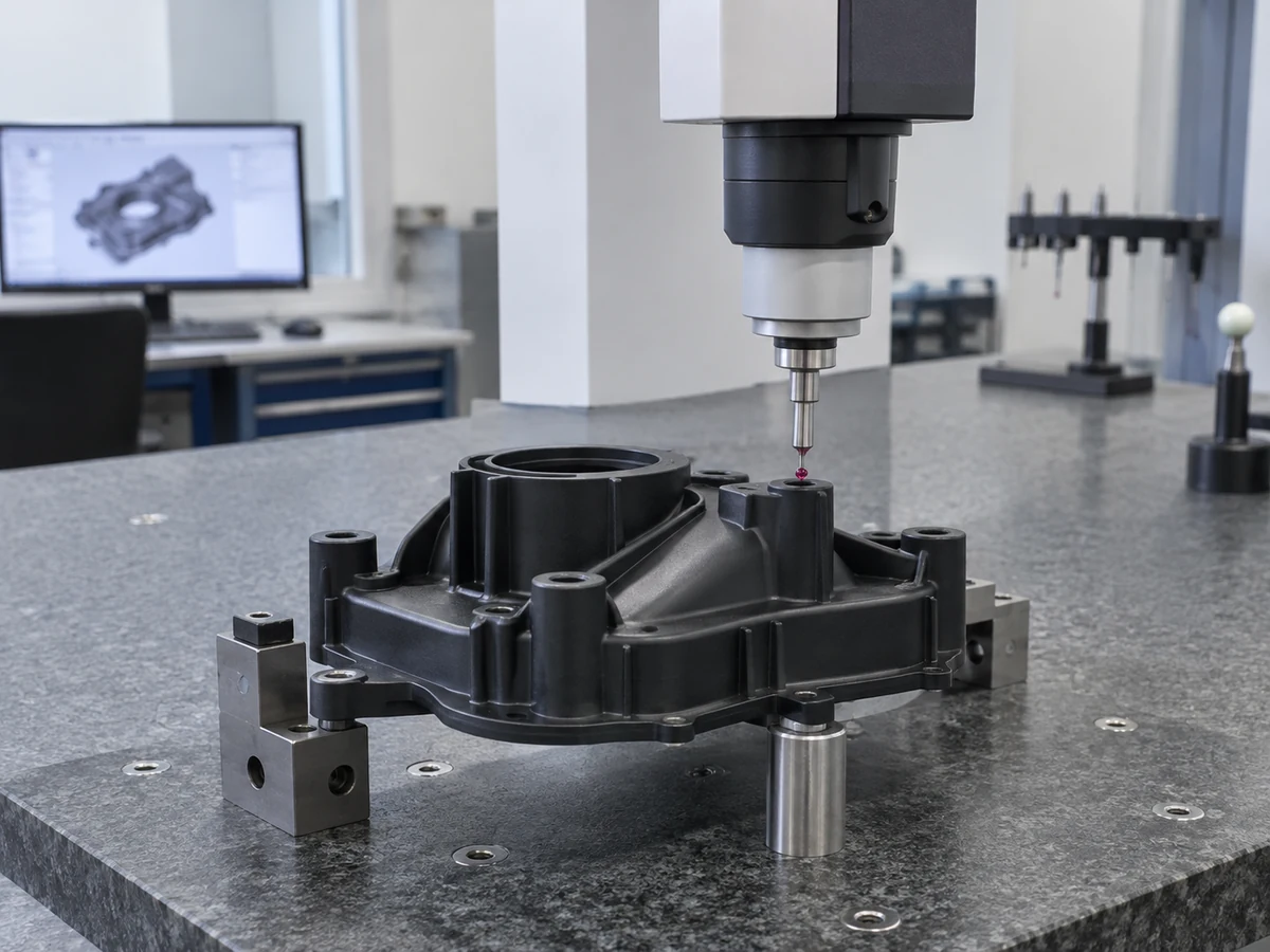 AI illustration of a CMM probe checking a fabricated polymer housing