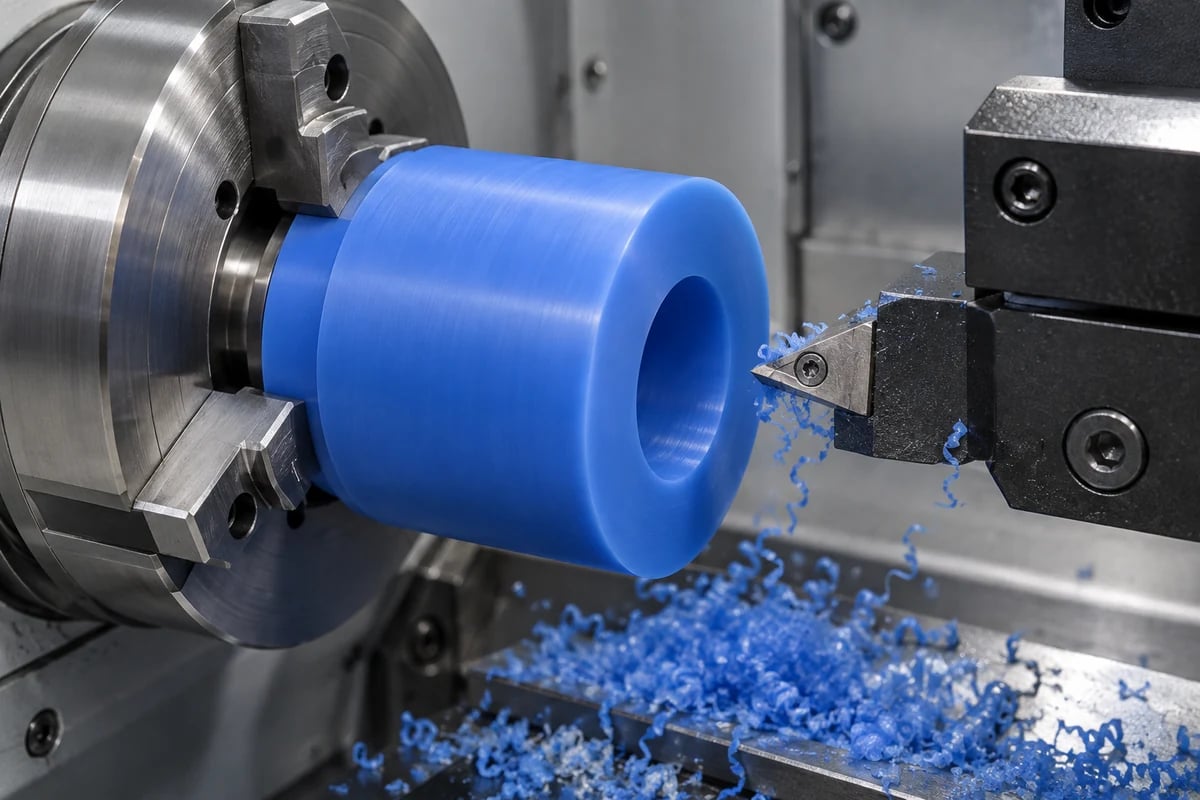 サポートされているブルーキャストナイロンローラーの CNC 旋削の例