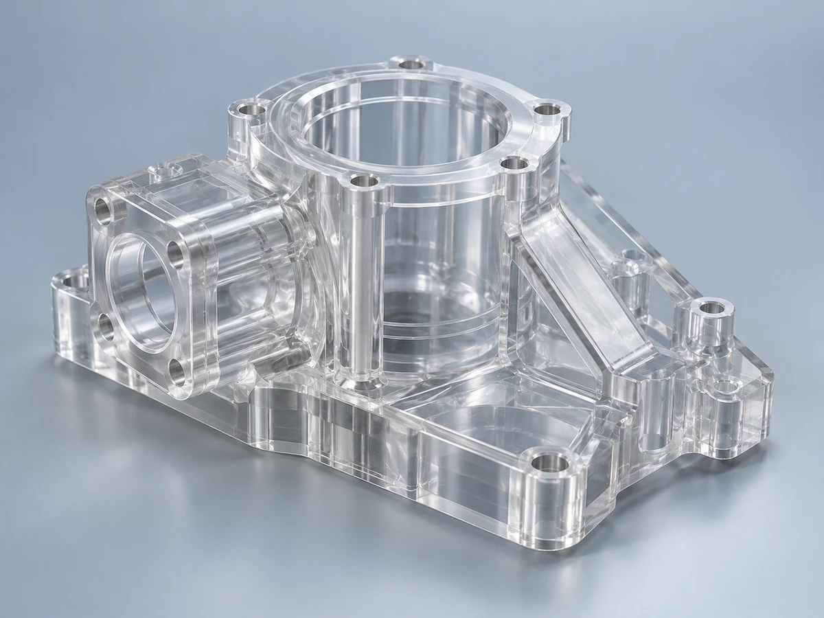 Illustrative clear CNC polycarbonate component with angled faces, a bore and mounting pockets
