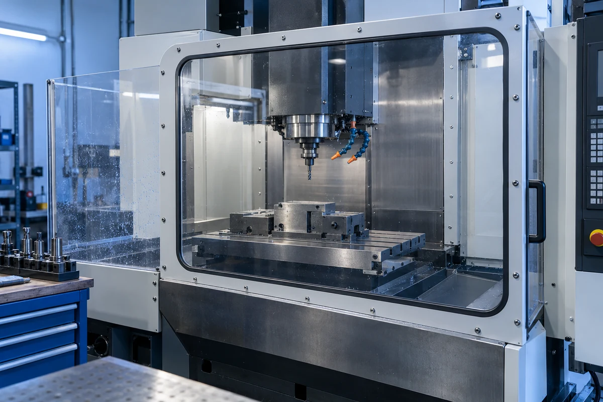 Illustrative framed polycarbonate viewing window and splash shield on an idle CNC machine