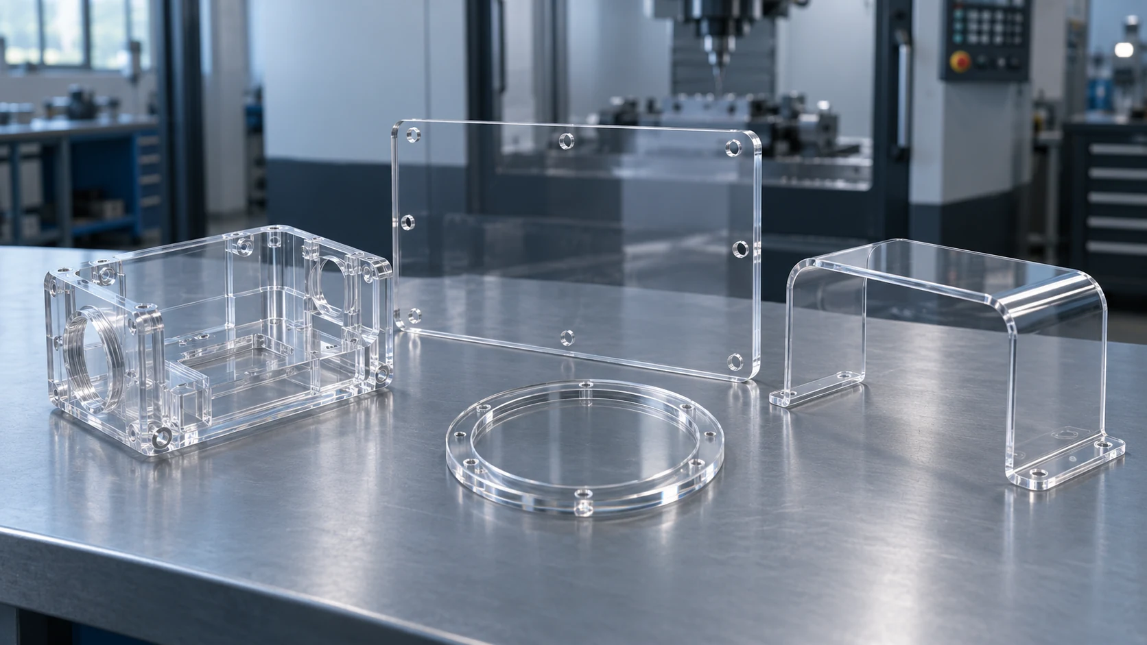 Illustrative collection of clear polycarbonate guards, windows, covers and machined housings