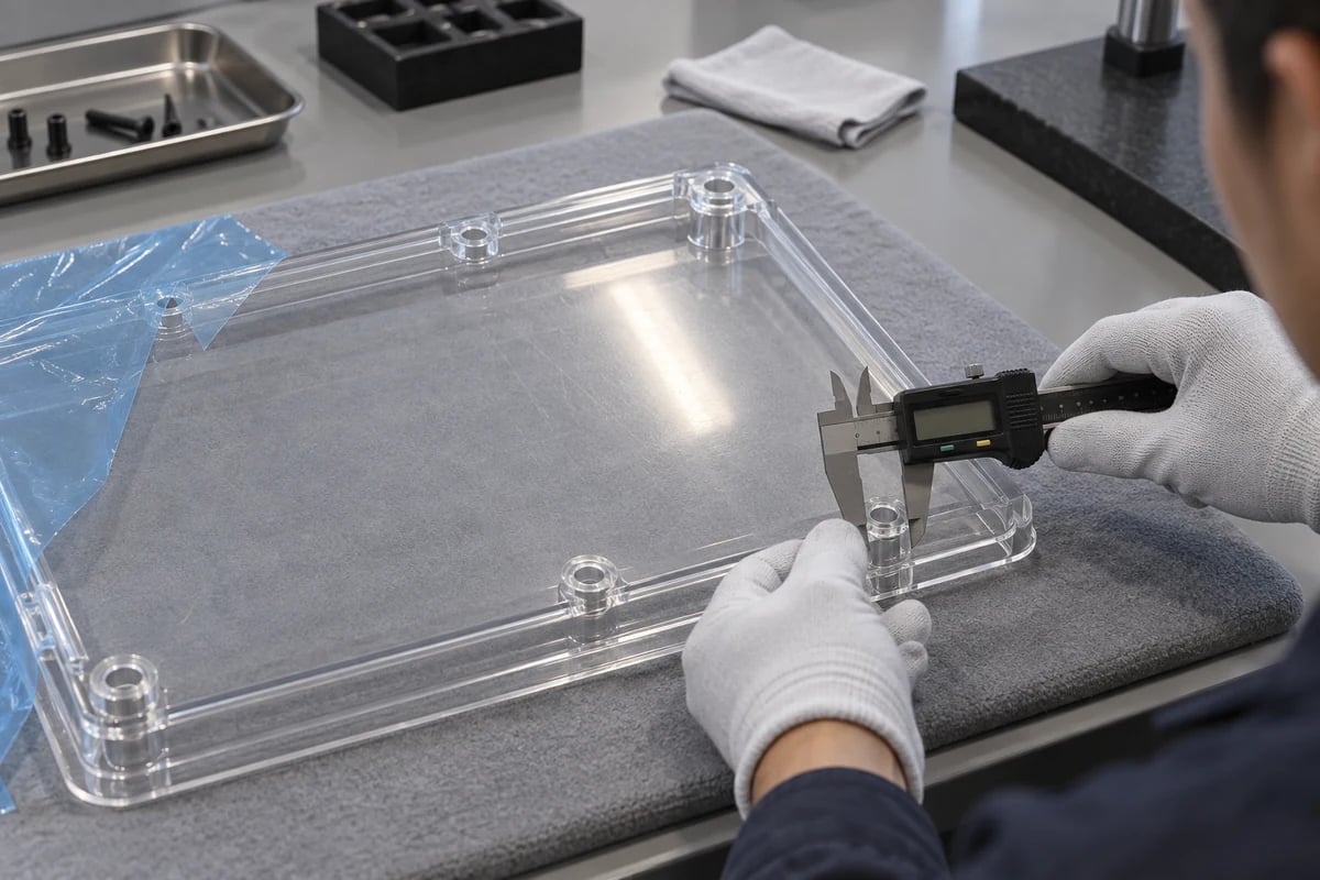 Illustrative dimensional inspection of a protected polycarbonate panel on a padded bench