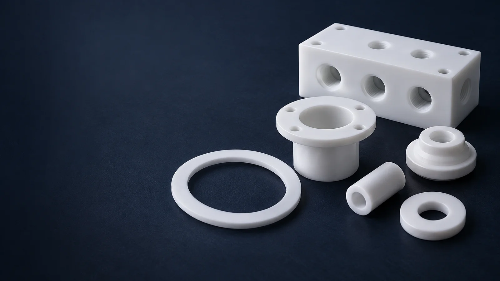 KI-generierte PTFE-Dichtungs-, Buchsen- und Ventilteile zur Veranschaulichung von Teflon-Bearbeitungsanfragen
