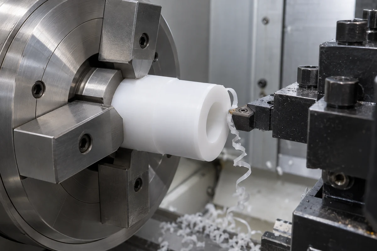 Illustratives CNC-Drehen eines weißen PTFE-Dichtungsrohlings mit unterstützter Werkstückhalterung