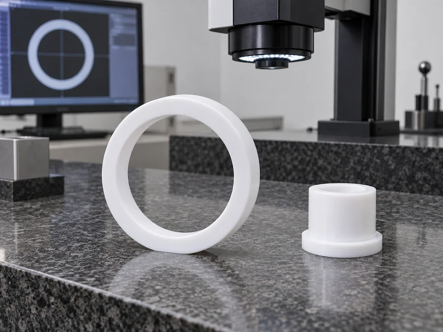 KI-generierte Darstellung einer gelösten PTFE-Dichtung auf einer Granitoberfläche für die Maßprüfung bei geringer Krafteinwirkung