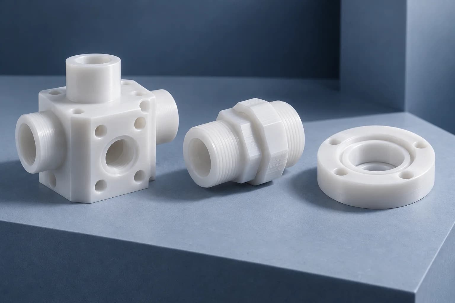 Representative natural PVDF manifold, threaded connector and valve seat