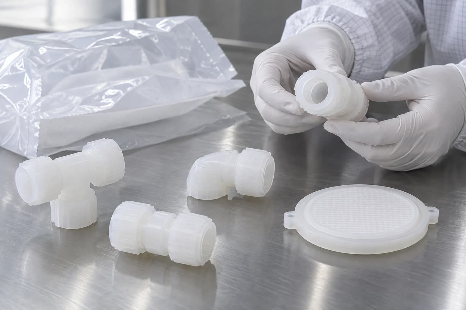 Illustrative PVDF fittings and filter plate handled separately beside protective packaging
