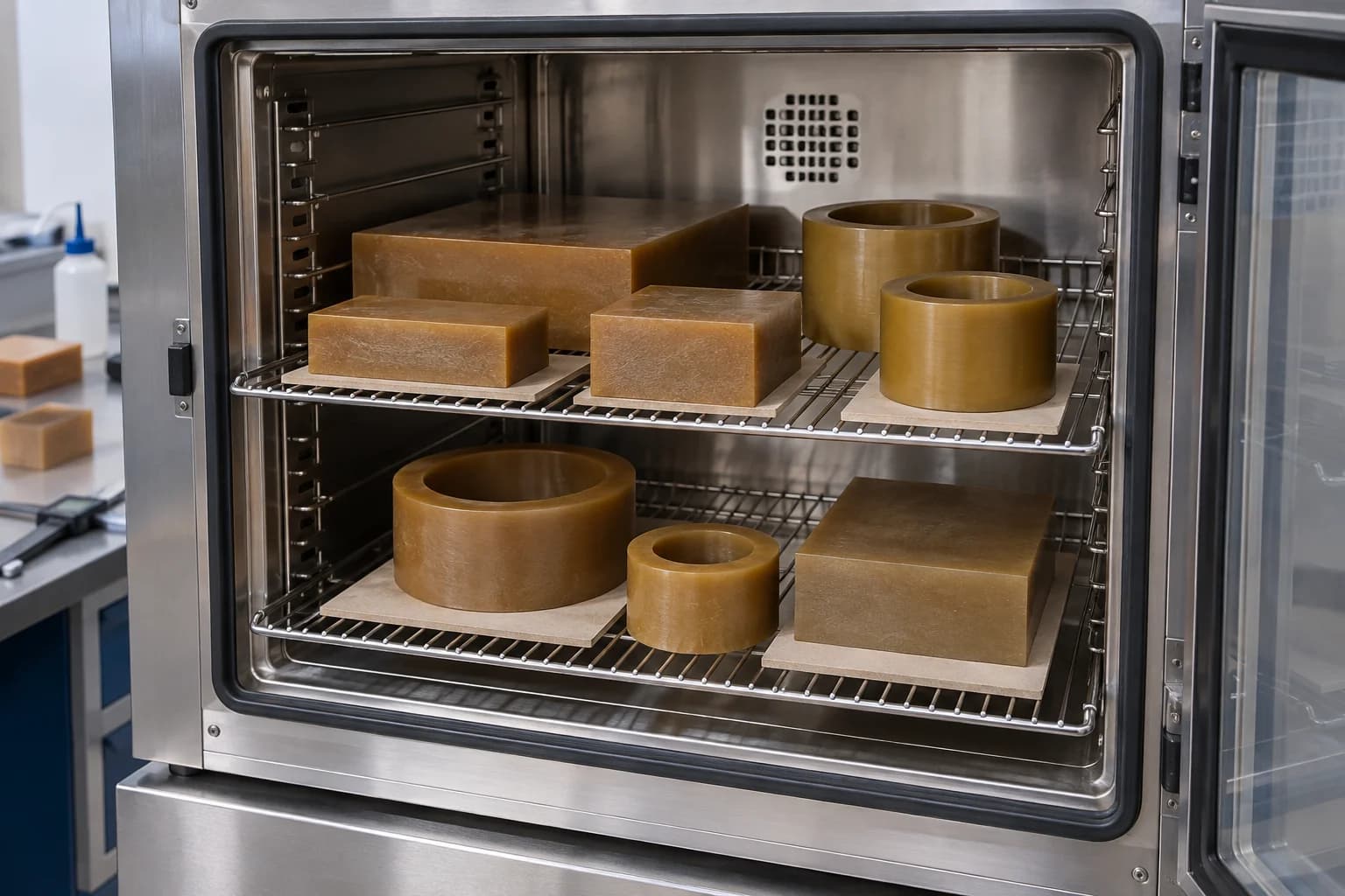 Illustrative supported PAI blanks in a laboratory convection oven, with no specified thermal cycle